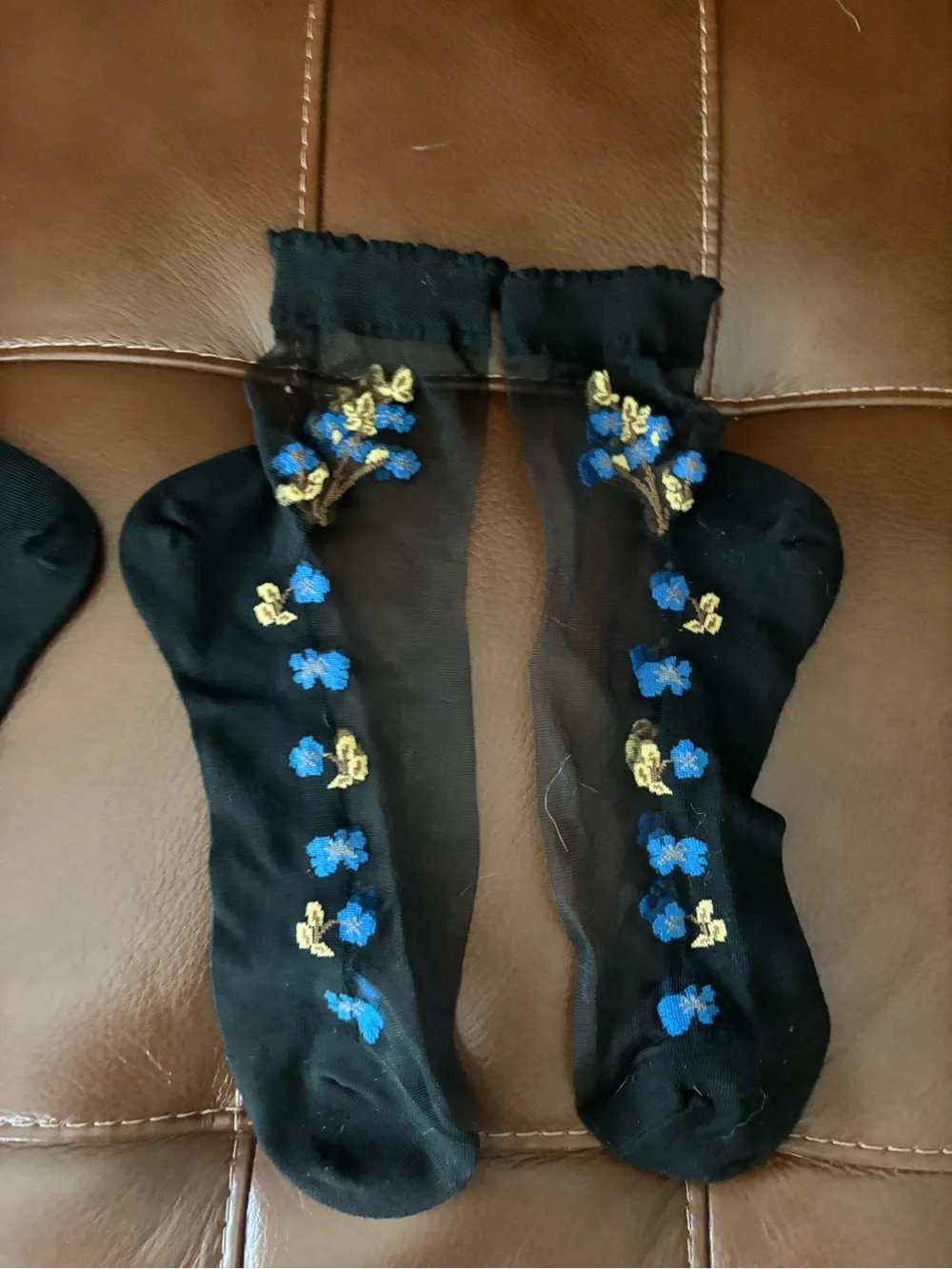 Black Sheer Ankle Socks with Blue Floral Embroidery - Women Accessories